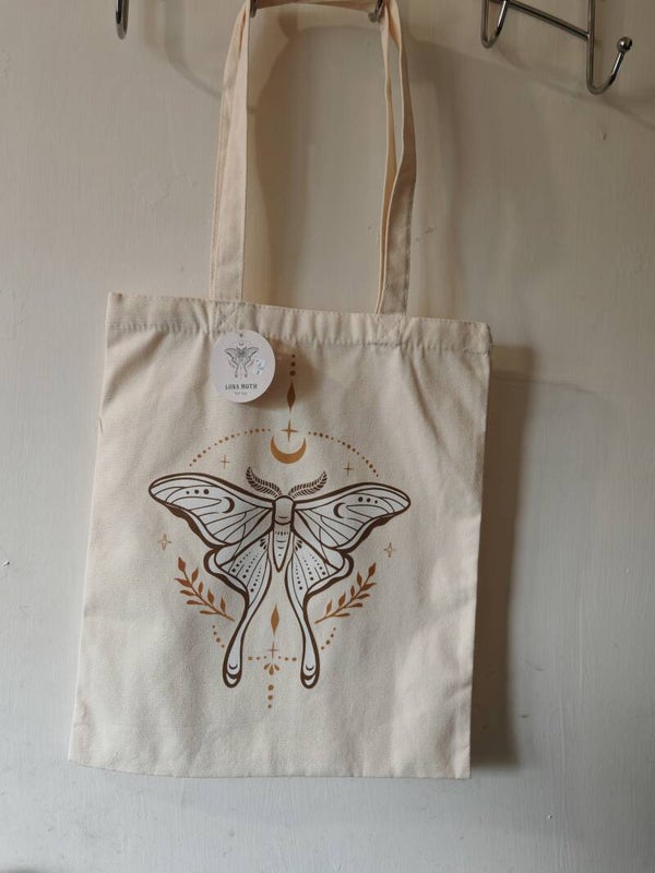 Lunar moth white cotton tote bag