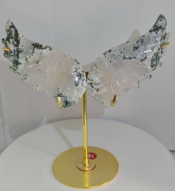 Moss agate wings with gold stand