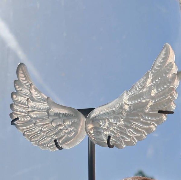 Selenite Wings with silver stand