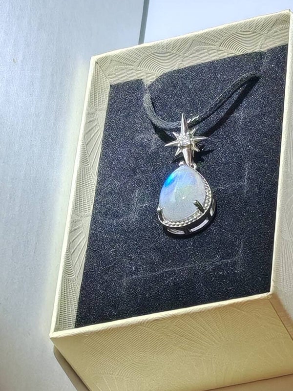 B8 Rainbow Moonstone necklace on a rope chain