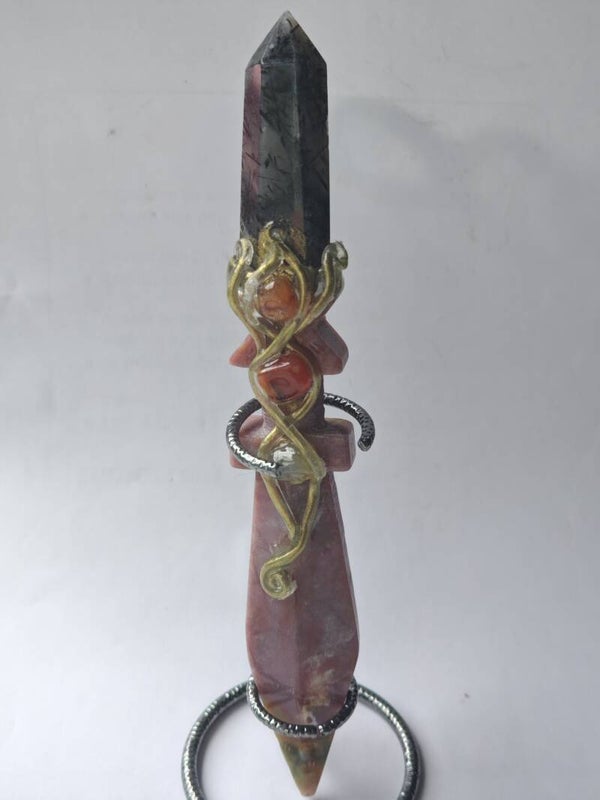 Rhodonite and Clear Quartz with Black Tourmaline inclusions Dagger