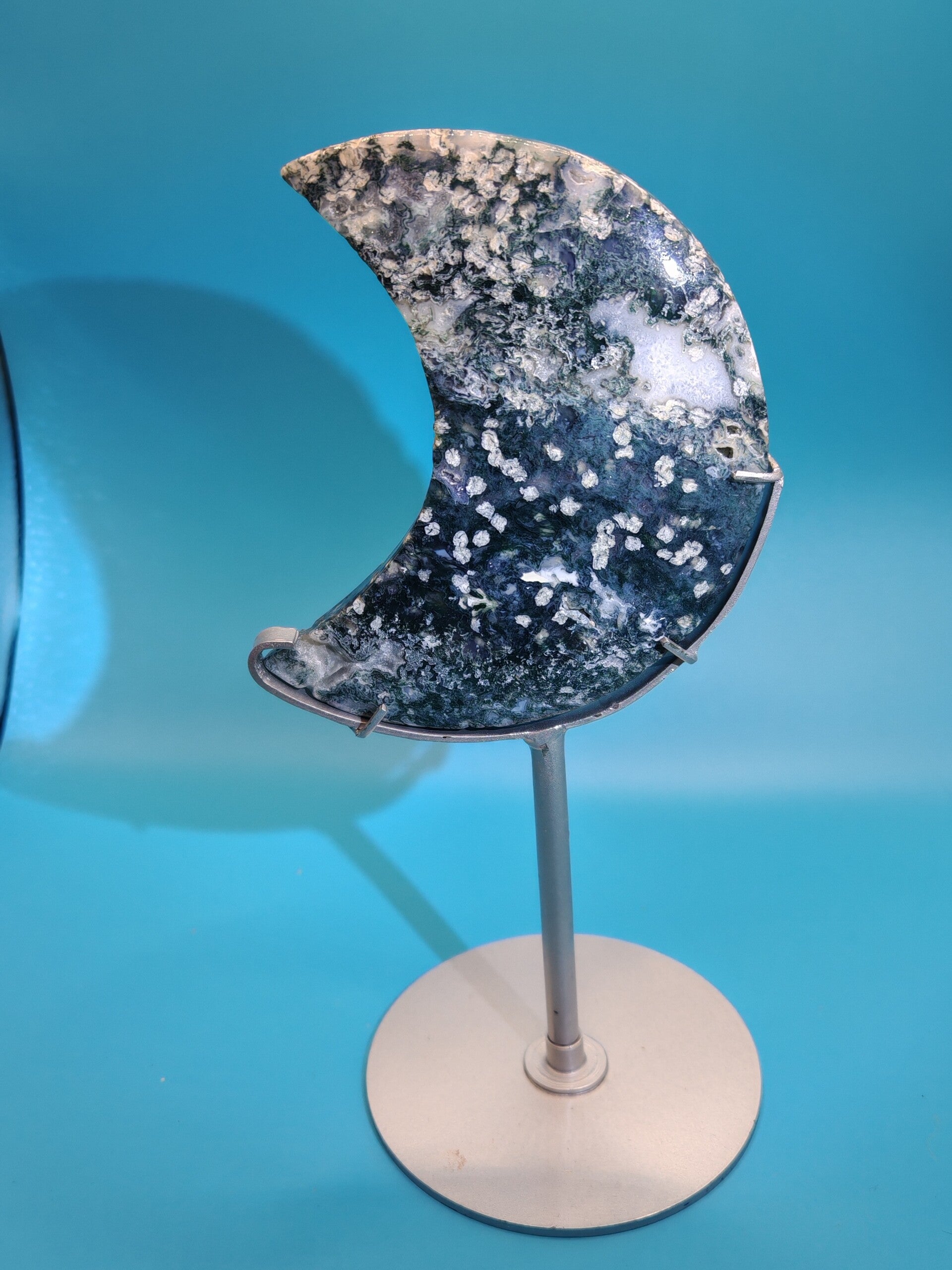 Moss Agate Moon with custom stand 1