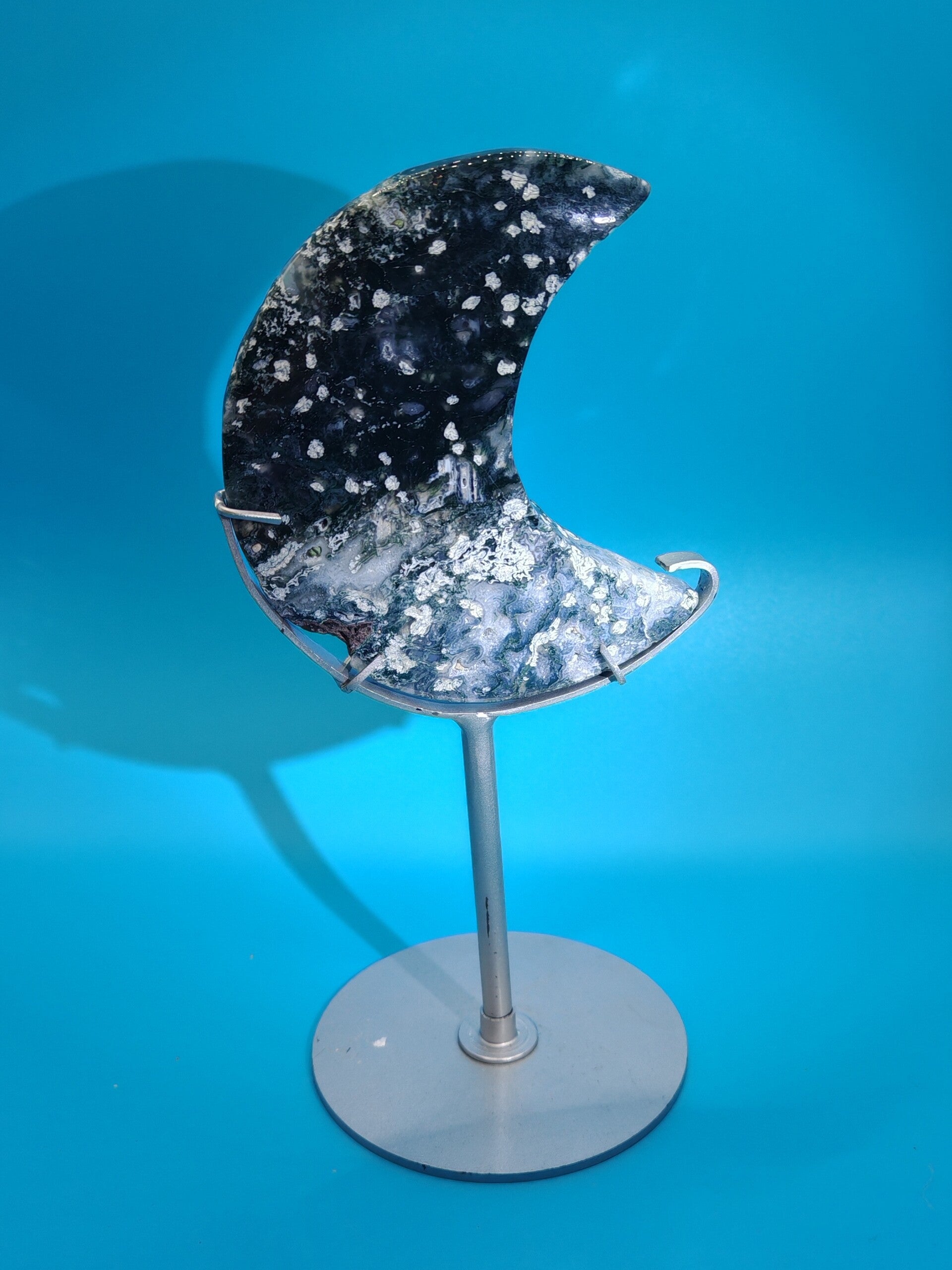 Moss Agate Moon with custom stand 2