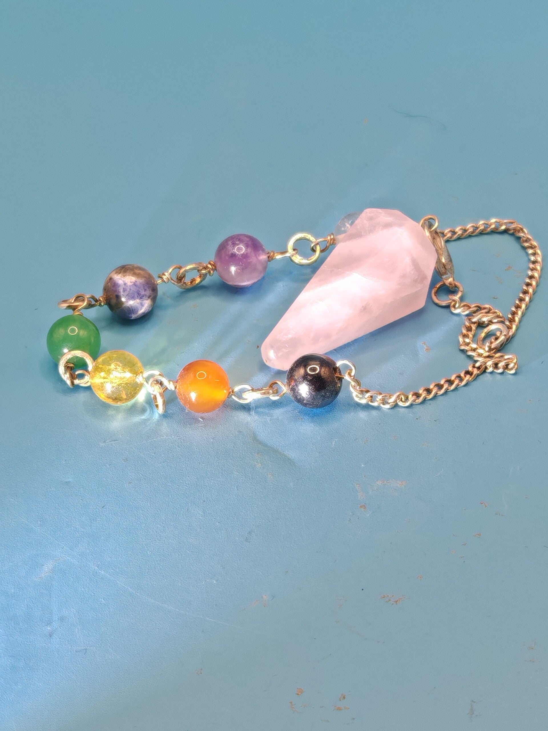 Chakra Rose Quartz Pendulum with chain 18