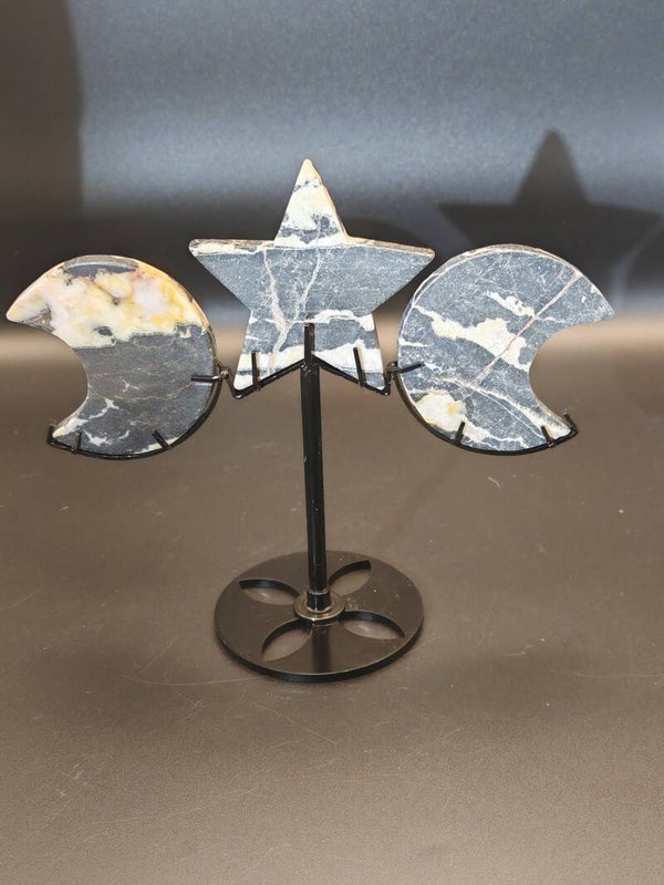 Zebra Jasper Star and moon carvings with a custom stand