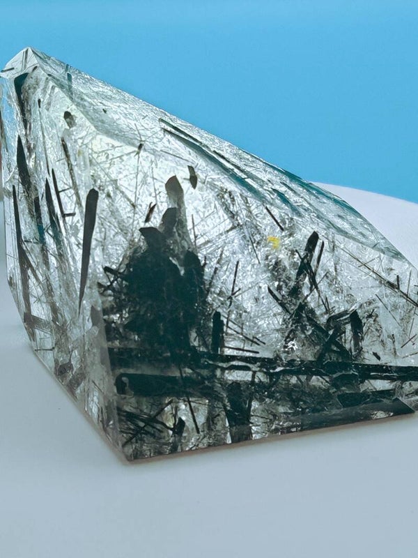 Black Tourmaline and Silver Rutile in Quartz Free Form Specimen