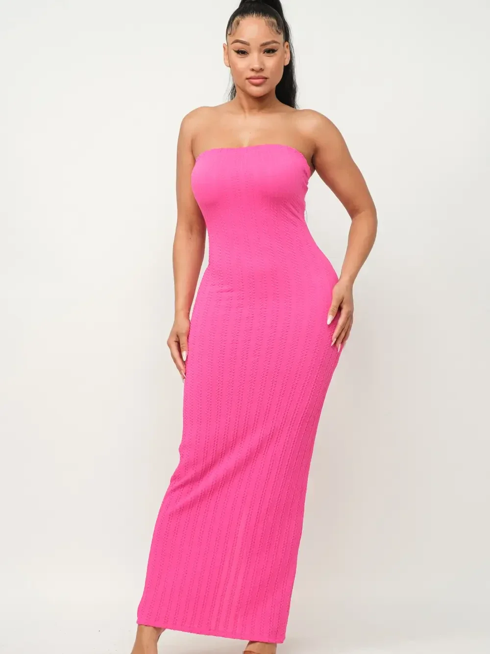 Braid Jacquard Solid Back Slit Tube Maxi Dress