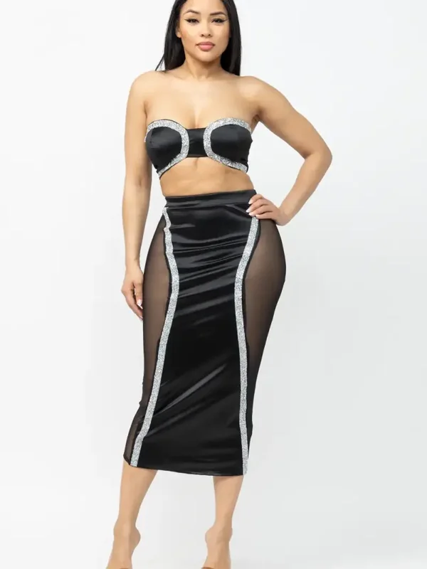 Front Rhinestones Trim Tape Top and Skirt Set