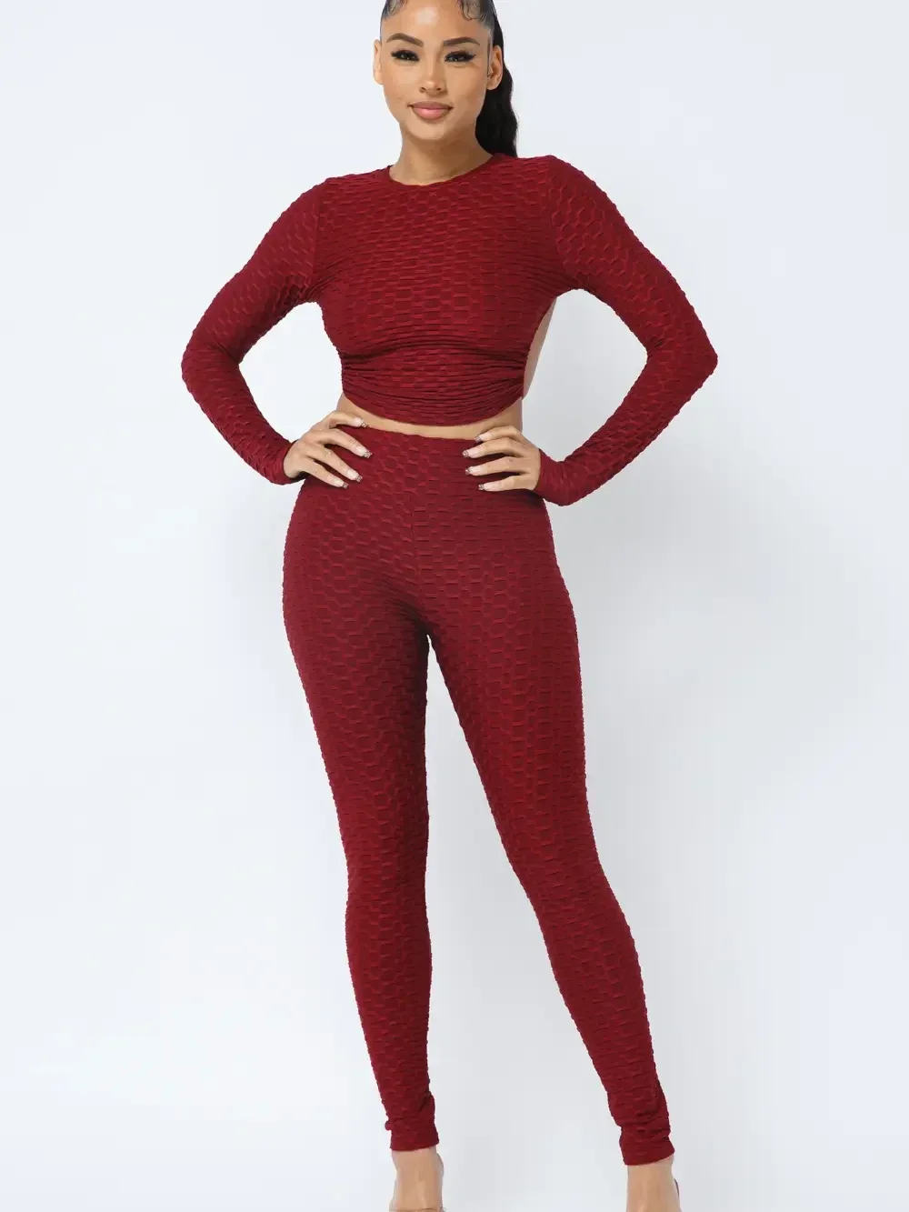 Honeycomb Open Back Tie Top and Leggings Set