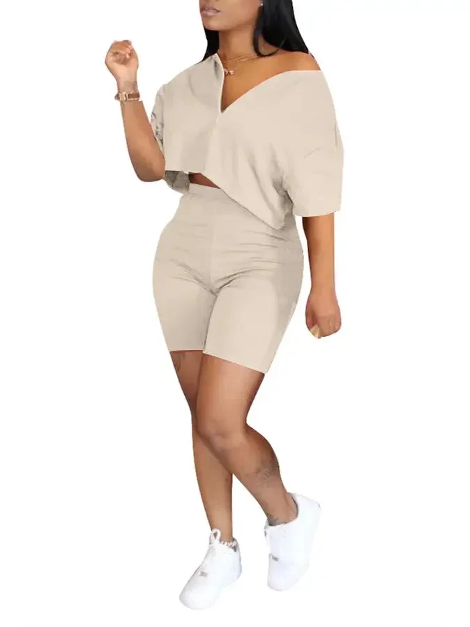 Fashion Short Sleeve V Neck Zip Set