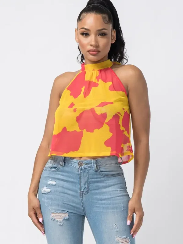 Print Halter Neck Back Tie Sleeveless Top
