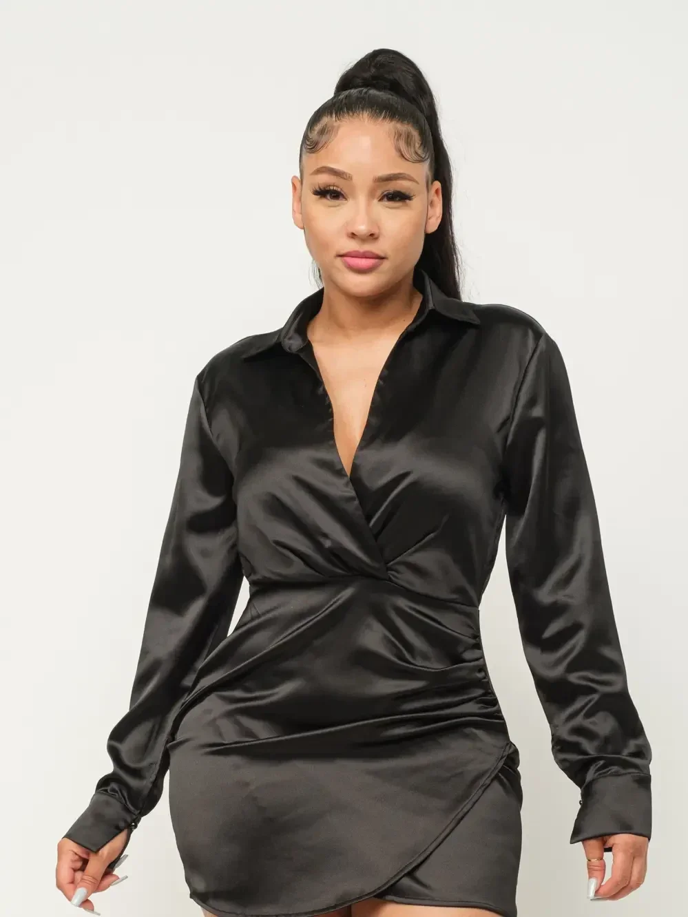 Satin Open Front Wrap Shirring Detail Dress