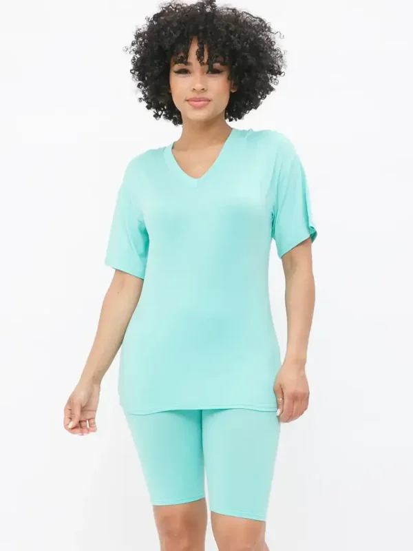 V Neck Basic T-Shirts Top and Bike Shorts Set