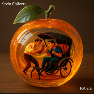 two men fight on a rickshaw inside a large glass tangerine on a table. 