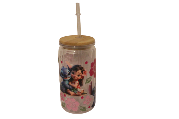 DIY DRINKBEKER MET RIETJE EN BAMBOE DEKSEL LILO EN STITCH