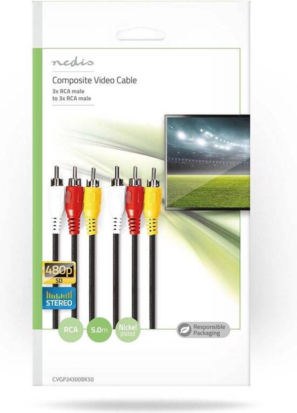 Nedis Composiet Videokabel - 3x RCA Male - 3x RCA Male - Vernikkeld - 480p - 5.00 m - Rond - PVC - Zwart - Envelop