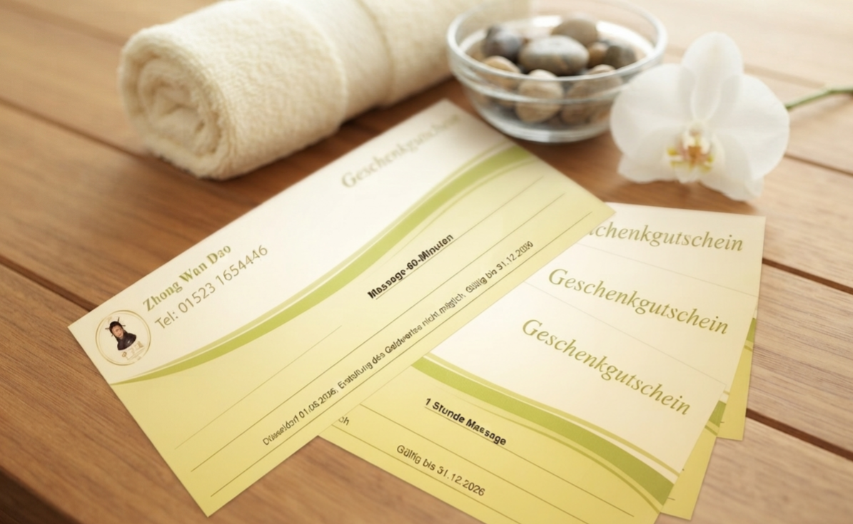 Massage-Geschenkgutscheine von Zhong Wan Dao dekoriert mit einem Handtuch und Hot Stones.