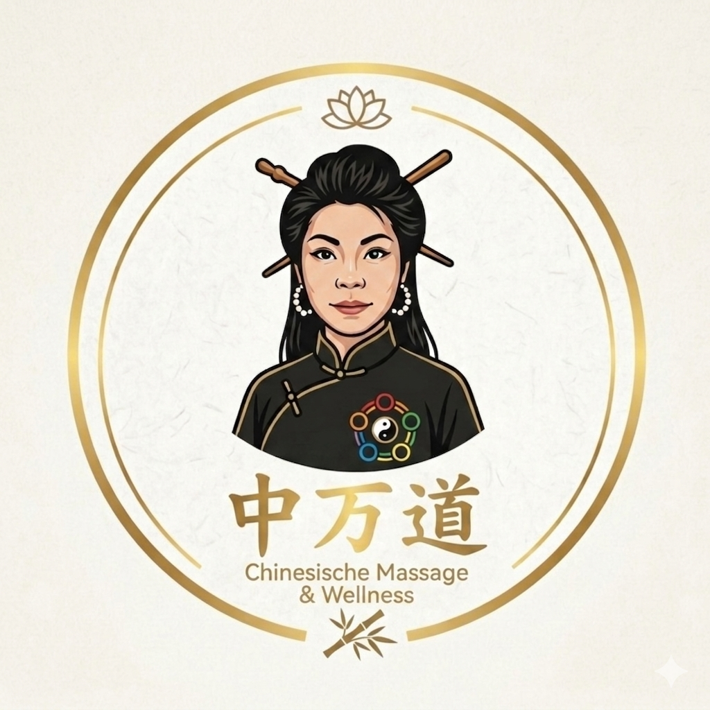 Kreisförmiges goldenes Logo von Zhong Wan Dao mit Illustration einer asiatischen Frau, Yin-Yang-Symbol, chinesischen Schriftzeichen 中 万 道 und deutschem Text "Chinesische Massage & Wellness" 