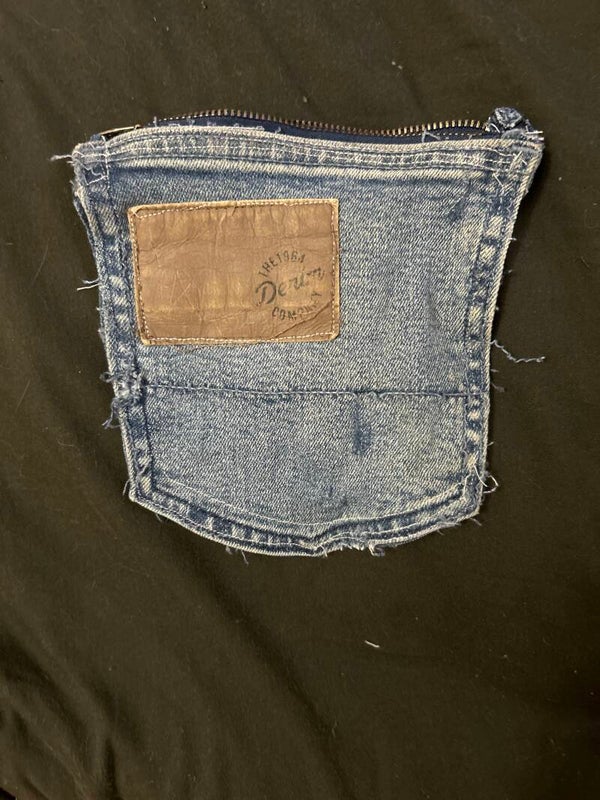 Blue denim wallet with leather patch
