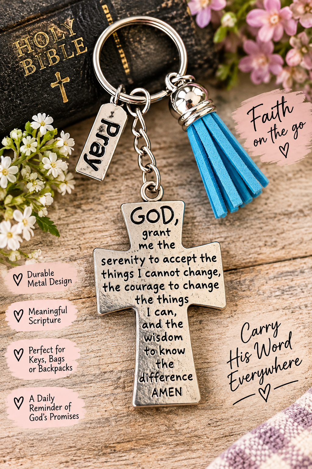 Cross Keychain-blue tassel