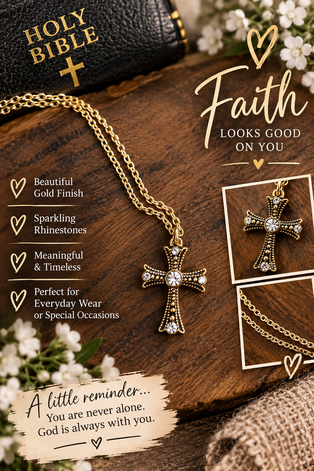 Gold Cross necklace with small rhinestones