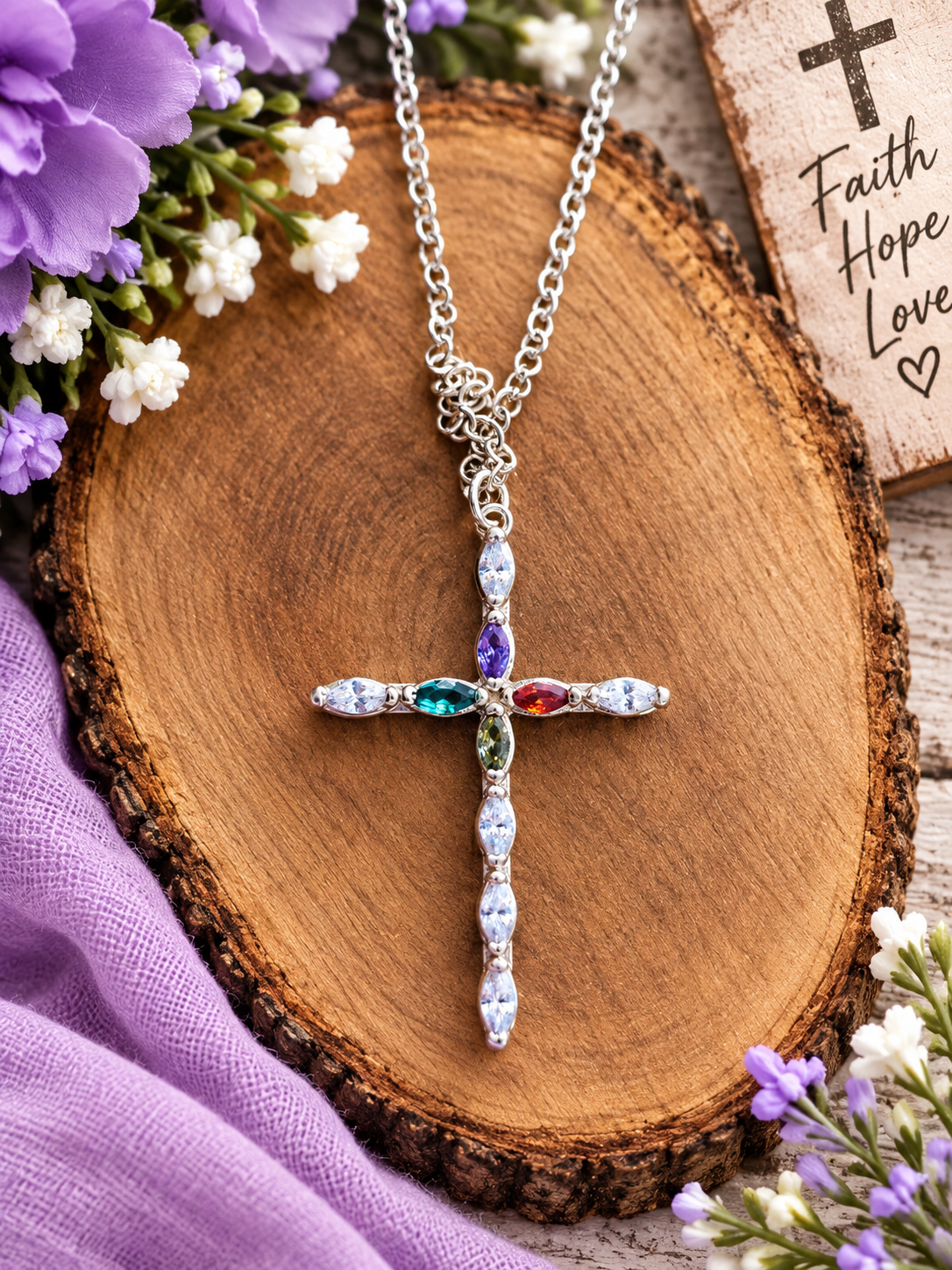 Silver cross necklace with colorful stones