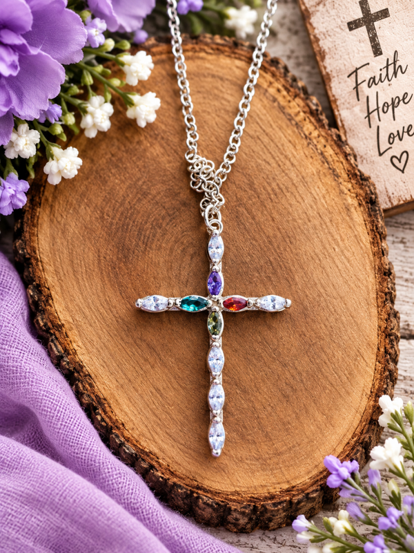 Silver cross necklace with colorful stones