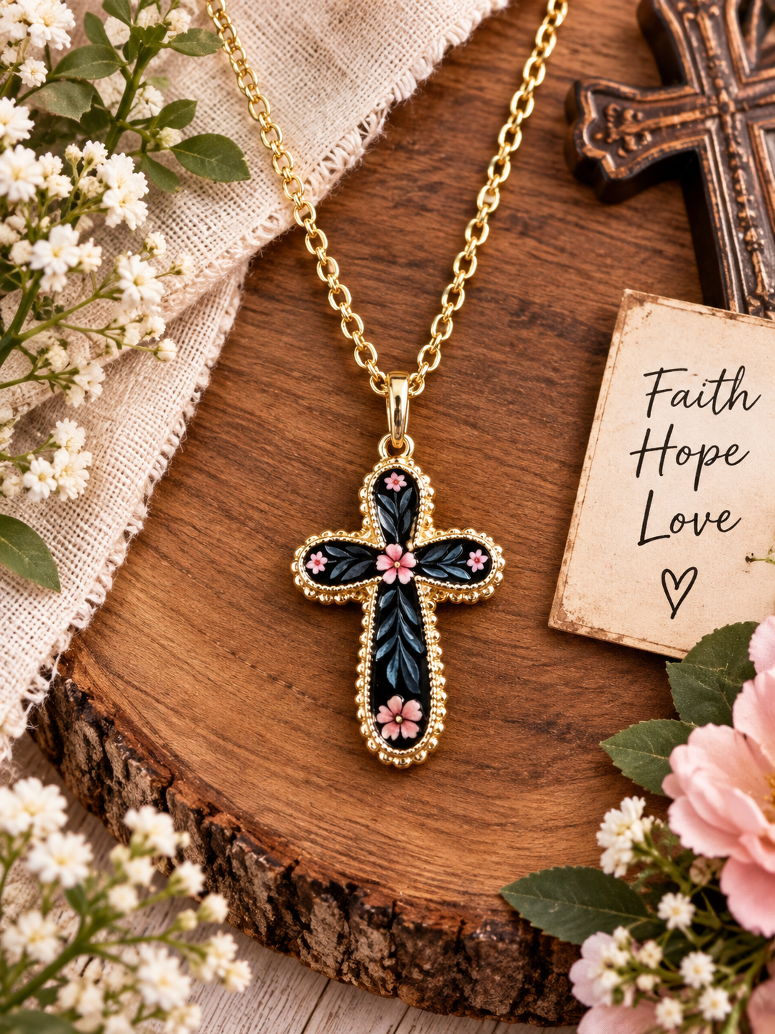 Gold cross necklace with pink roses