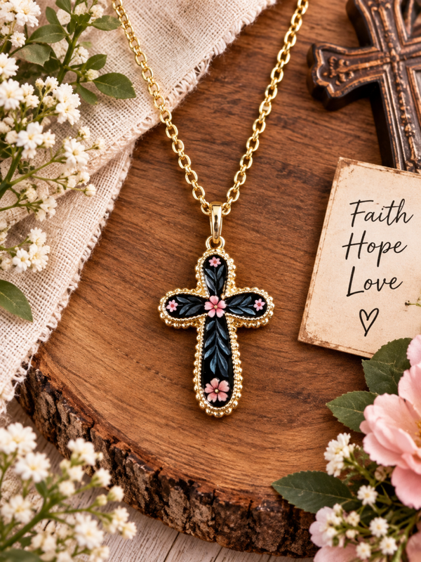 Gold cross necklace with pink roses