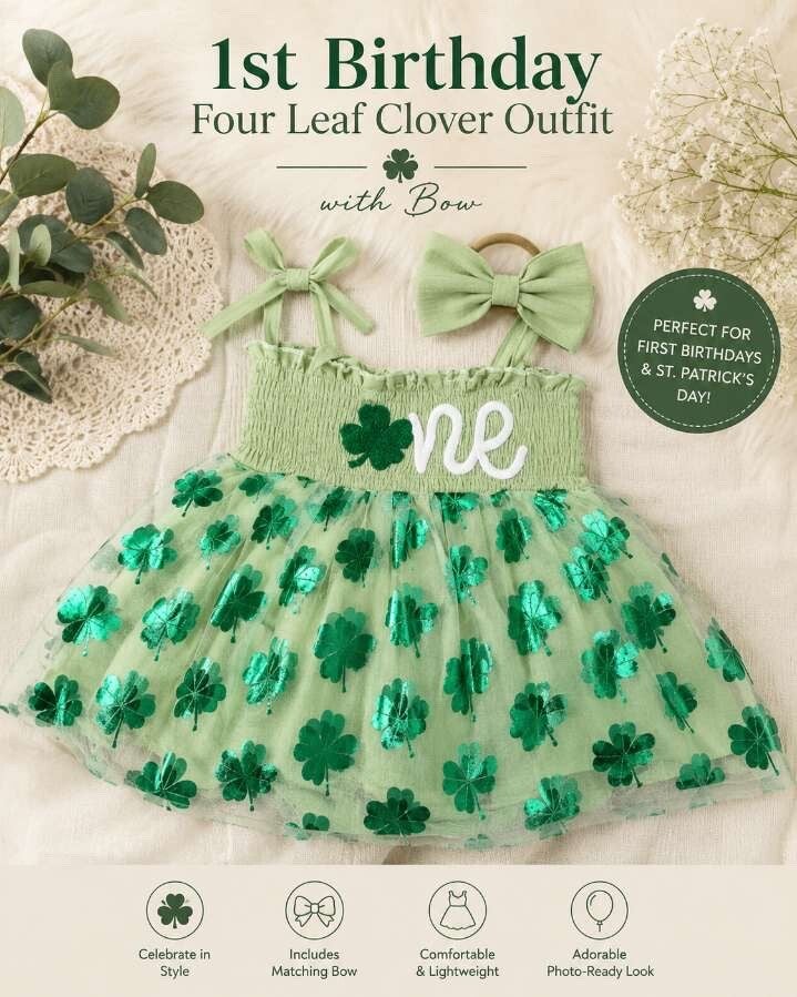 1st Birthday four leaf clover outfit w bow