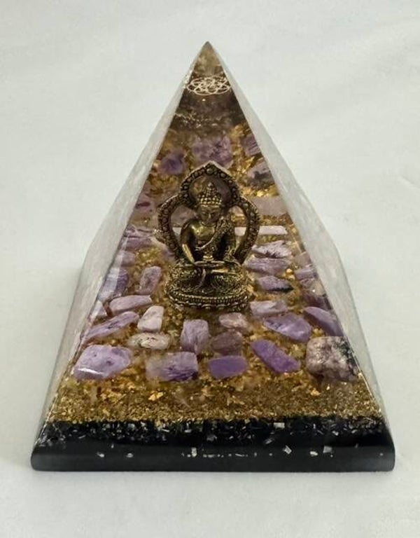 Nubische Orgonite Piramide Buddha, Charoiet, Satya Mani Azeztuliet,  Shungite, Flower of Life, Herkimerdiamant, Dubbeleinder, Goud