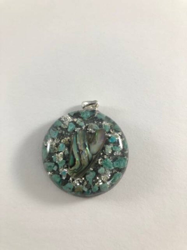 Orgonite hanger Small Amazoniet Abaloneschelp hartje Bladzilver KL9