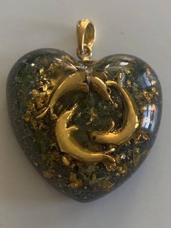 Hanger Orgonite Mini Hartje Olivijn/Peridoot Dolfijntjes Shungite Herkimerdiamant Dubbeleinder Goud