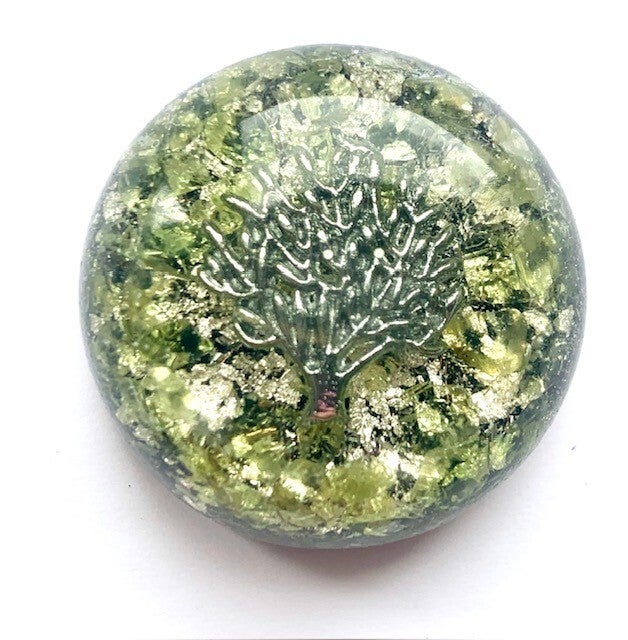 Bolle Orgonite Buster Olivijn/Peridoot, Levensboom, Shungite, Herkimerdiamant, Dubbeleinder, Zilver