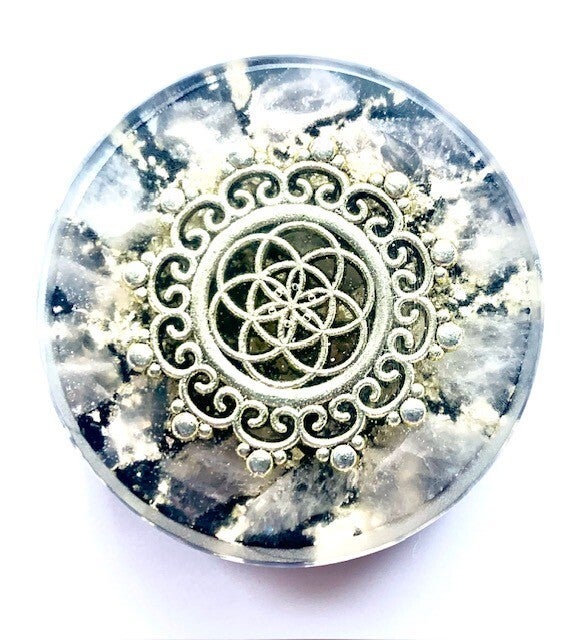 Midden Orgonite Buster Rozenkwarts, Levensbloem, Shungite, Herkimerdiamant, Dubbeleinder, Zilver