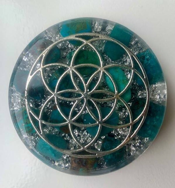 Grote Orgonite Buster Chrysocolla, Flower of Life, Shungite, Herkimerdiamant, Dubbeleinder, Zilver