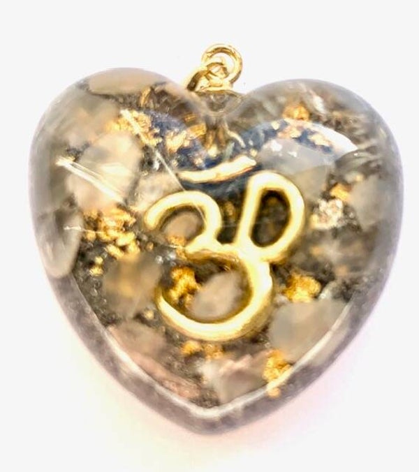 Hanger Oronite Mini Hartje Maansteen, Ohm teken, Shungite, Herminerdiamant, Dubbeleinder, Goud