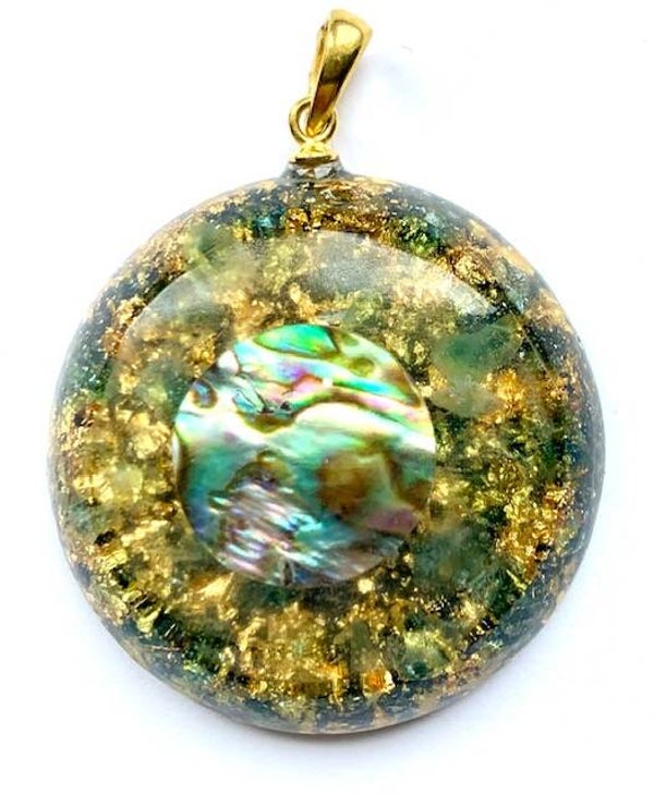 Middenmaat Hanger Orgonite Apatiet, Abalone, Shungite, Herkimerdiamant, Goud #M4