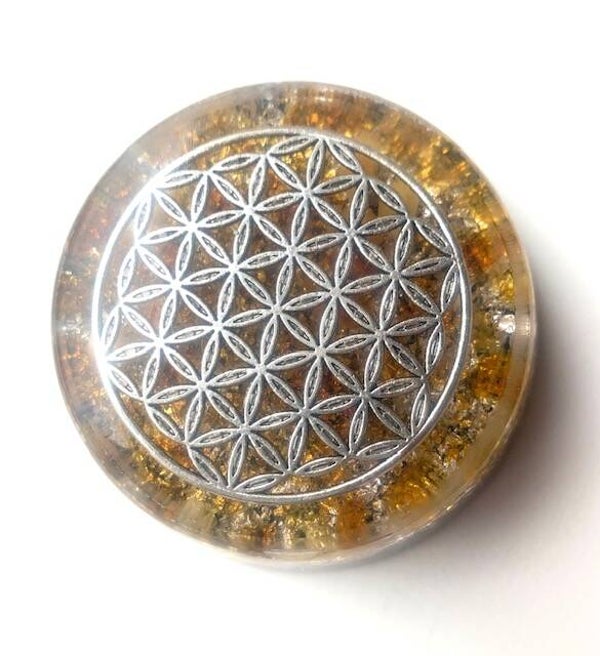 Grote Orgonite Buster Amber/Barnsteen, Flower of Life, Shungite, Herkimerdiamant, Dubbeleinder, Zilver