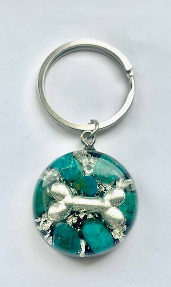 Sleutelhanger/Hondenbuster Chrysocolla, Hondenbot, Shungite, Herkimerdiamant, Dubbeleinder, Zilver