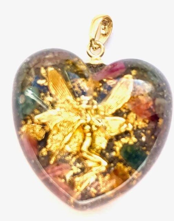 Orgonite Mini Hartje Hanger Hyacintmix, Tinkebel, Herkimerdiamant, Dubbeleinder, Goud