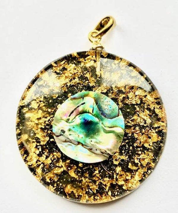 Middenmaat Orgonite Hanger Abalone, Shungite, Herkimeriamant, Goud #M10