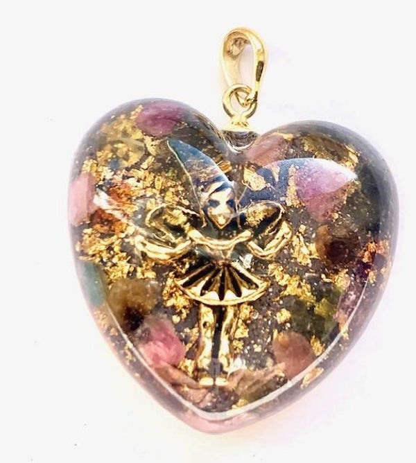 Orgonite Mini Hartje Hanger Hyacintmix, Elfje, Shungite, Herkimerdiamant, Dubbeleinder, Goud