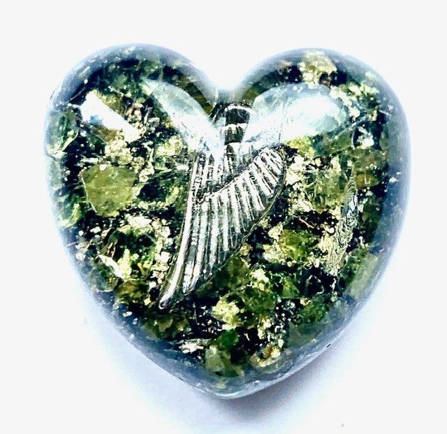 Orgonite Mini Hartje Mosagaat, Vleugel, Shungite, Herkimerdiamant, Dubbeleinder, Zilver
