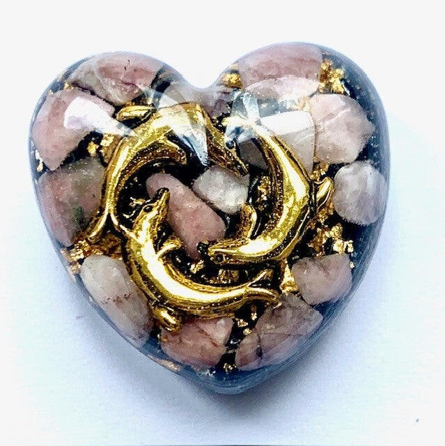 Orgonite Mini Hartje Aardbeikwarts, Ohmteken, Shungite, Herkimerdiamant, Dubbeleinder, Goud