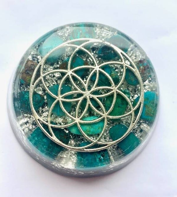 Grote Orgonite Buster Chrysocolla, Flower of Life, Shungite, Herkimerdiamant, Dubbeleinder, Zilver