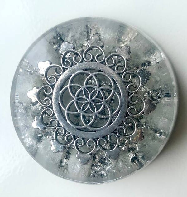 Grote Orgonite Buster Aquamarijn, Flower of Life, Shungite, Herkimerdiamant, Dubbeleinder, Zilver