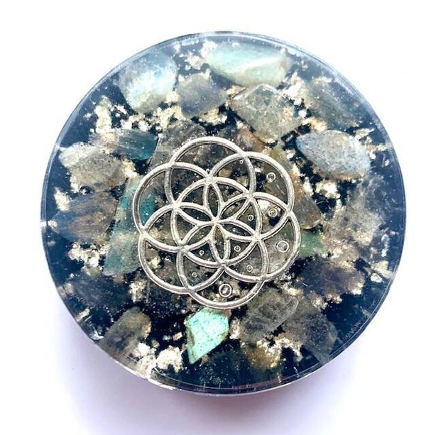 Midden Orgonite Buster Labradoriet, Levensbloem, Shungite, Herkimerdiamant, Dubbeleinder, Zilver