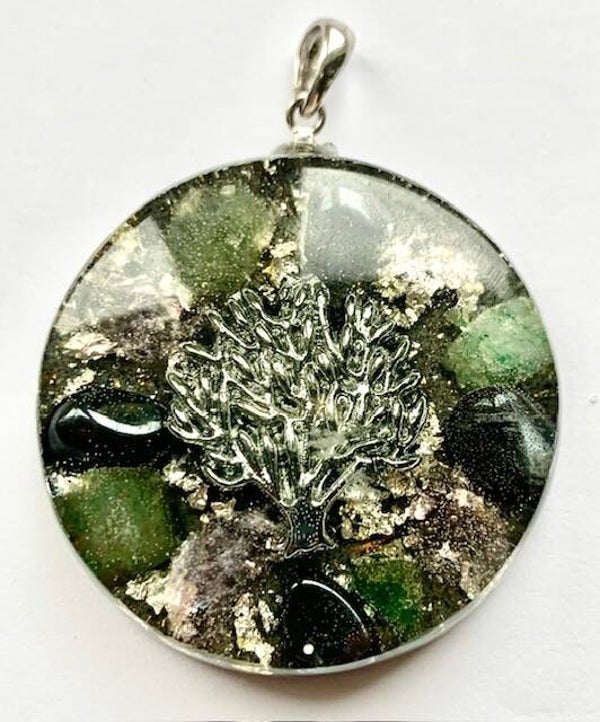 Middenmaat Orgonite Hanger Aventurijn, Hematiet, Rozenkwarts, Levensboom, Shungite, Herkimerdiamant, Zilver #M24
