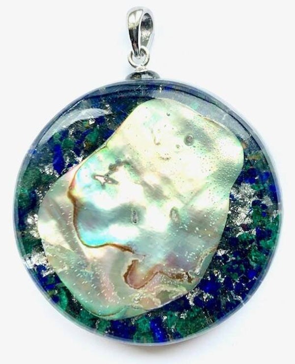 Middenmaat Orgonite Hanger Azuriet met Malagiet, Abalone, Shungite, Herkimerdiamant, Zilver #M9